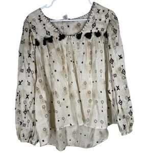 Rachel Zoe Embroidered Tassel Peasant Top Sz M Western Rodeo Boho Cowgirl